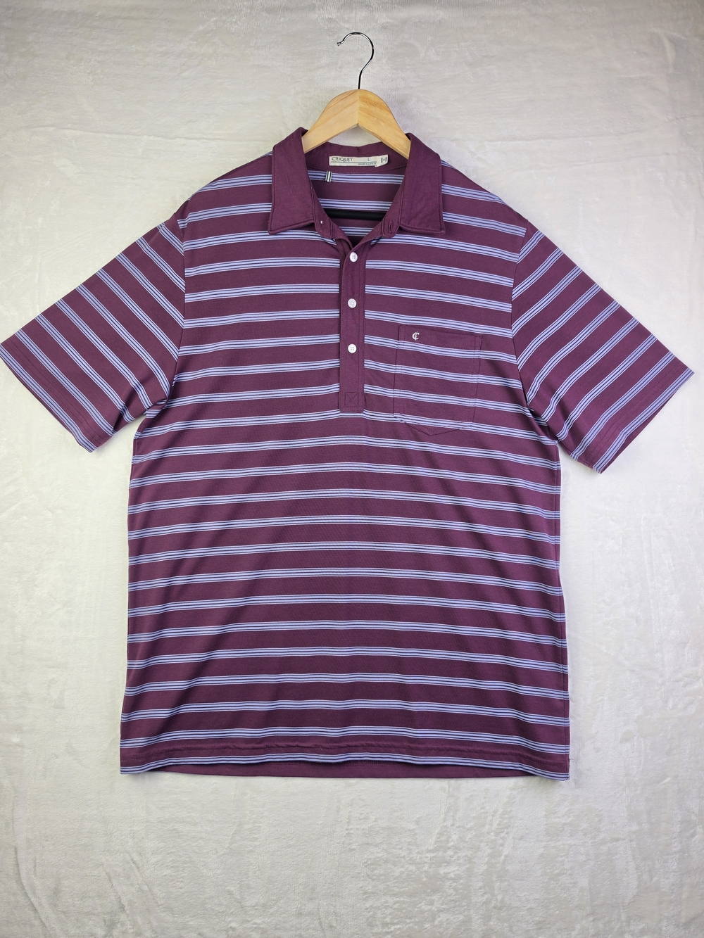 Criquet Polo Shirt Mens Large Sort Sleeve Maroon Blue Stripe